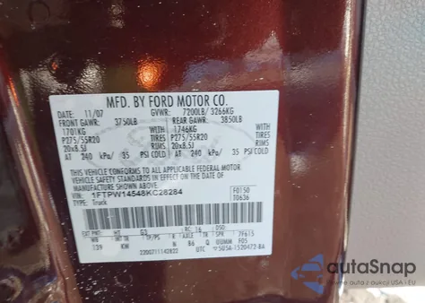 2008 Ford F-150 60Th Anniversary/Fx4/King Ranch/Lariat/Limited/Xlt z USA, uszkodzony, nr VIN 1FTPW14548KC28284